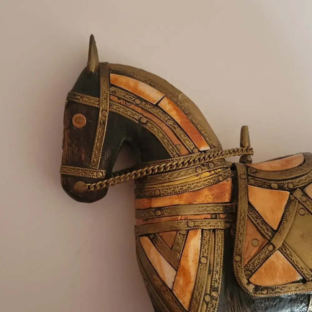Vintage Carved Wood with Hammered Brass & Stone Inlay Armored War Horse Figure